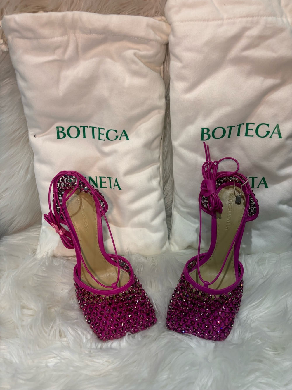 Bottega Veneta Hot Pink Crystal Embellished Strappy Heels - Picture 4 of 6